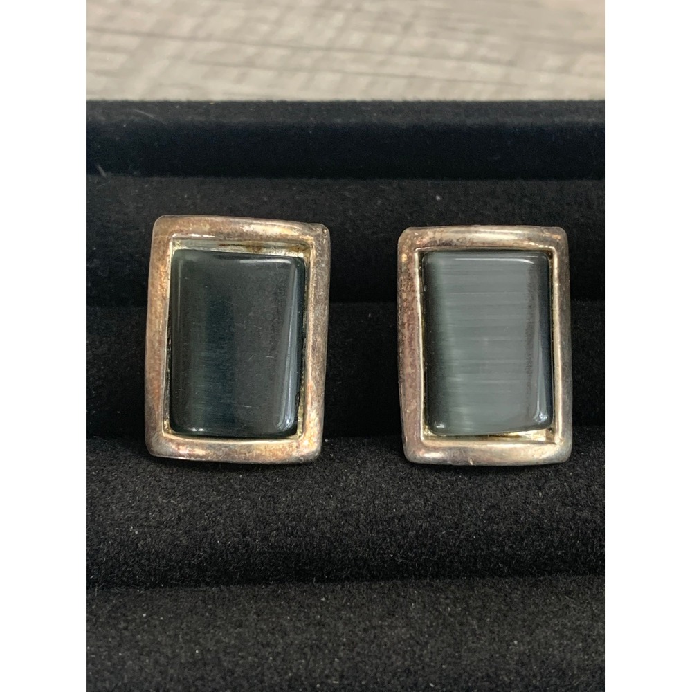 Vintage Silver Tone Grey Cats Eye Rectangular Clip On Earrings Retro 5060